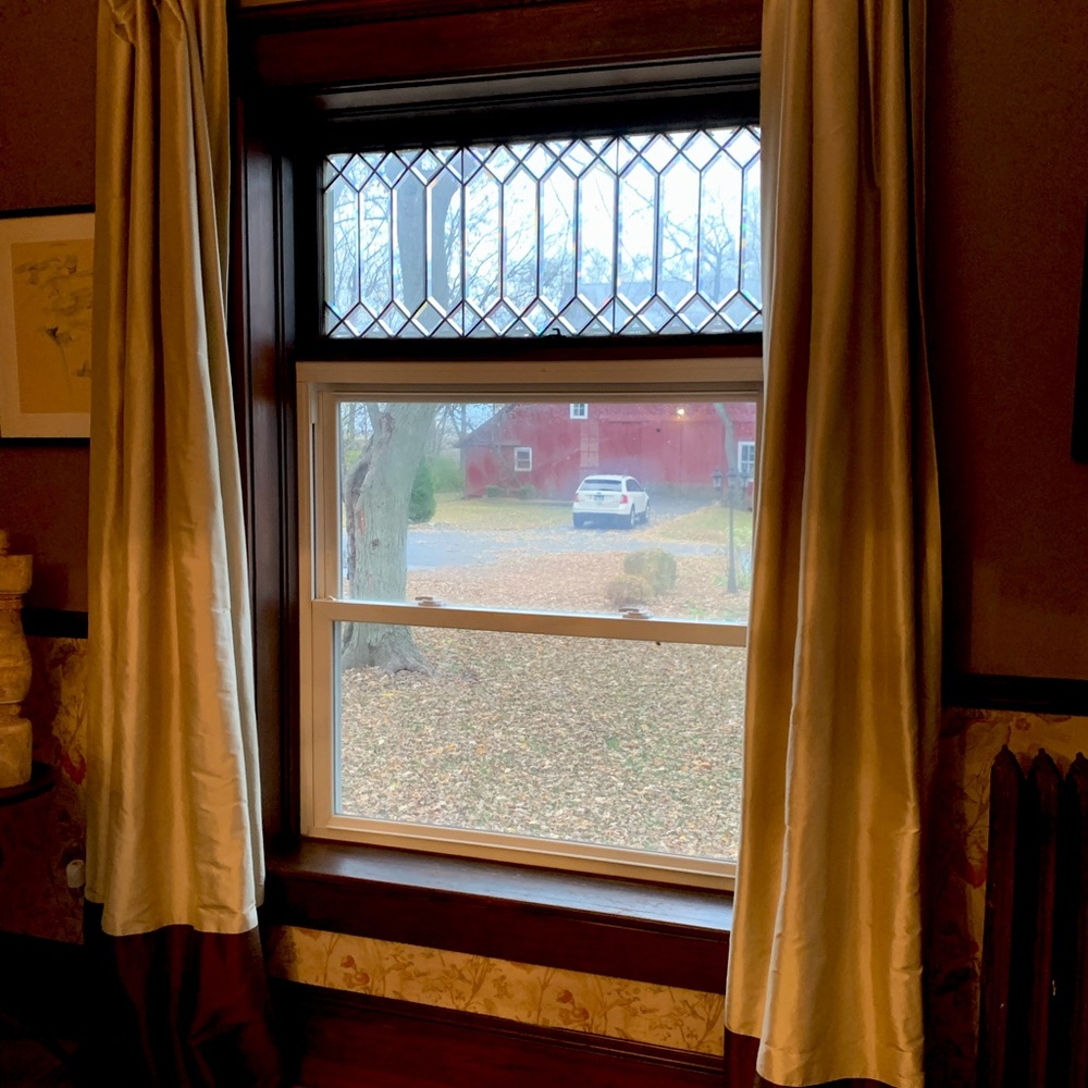 Restoration Hardware Taffeta Silk Drapes. Taupe and chocolate brown. 4 panels.
